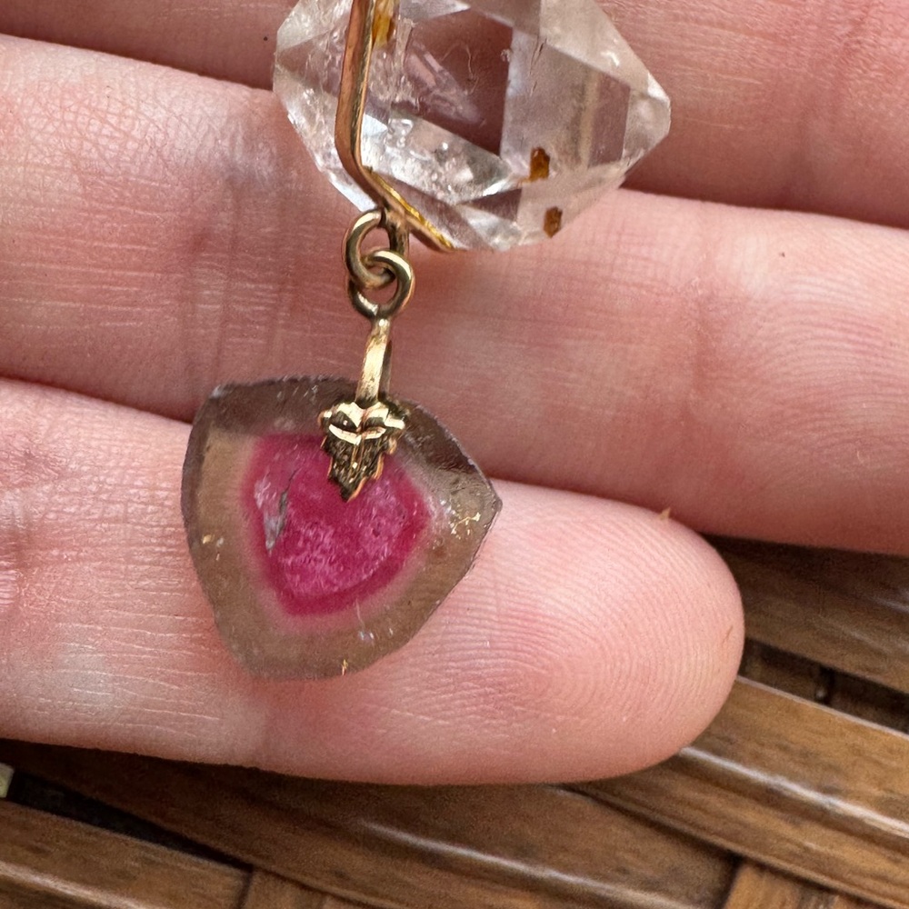 Rare solid 14k gold genuine watermelon tourmaline/herkimer diamond necklace$1890 - Picture 14 of 14